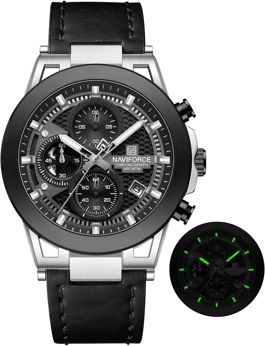 NAVIFORCE Men Sport Chronograph Watches,with Calendar Quartz Mens Waterproof Wrist Watches, Genuine Leather Strap,Gifts for Man