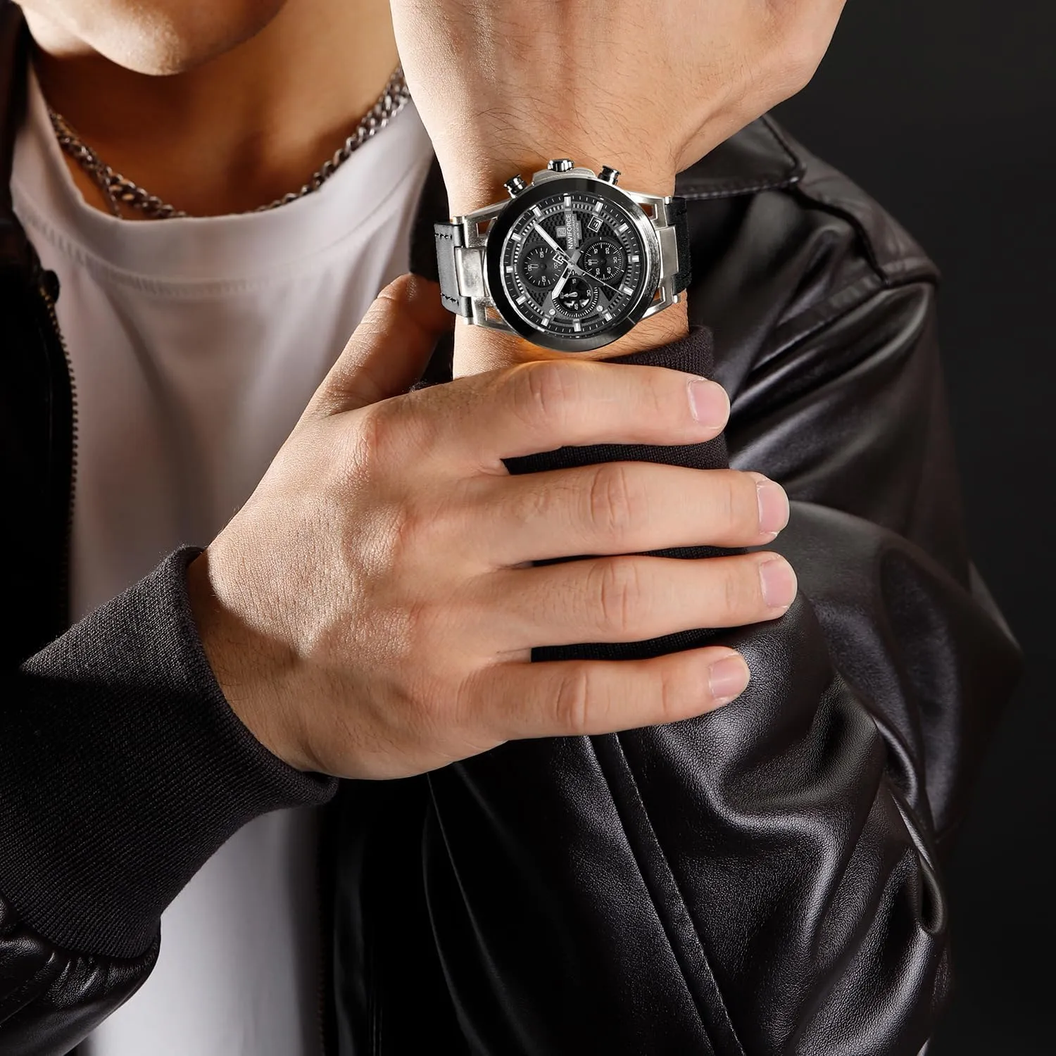 NAVIFORCE Men Sport Chronograph Watches,with Calendar Quartz Mens Waterproof Wrist Watches, Genuine Leather Strap,Gifts for Man