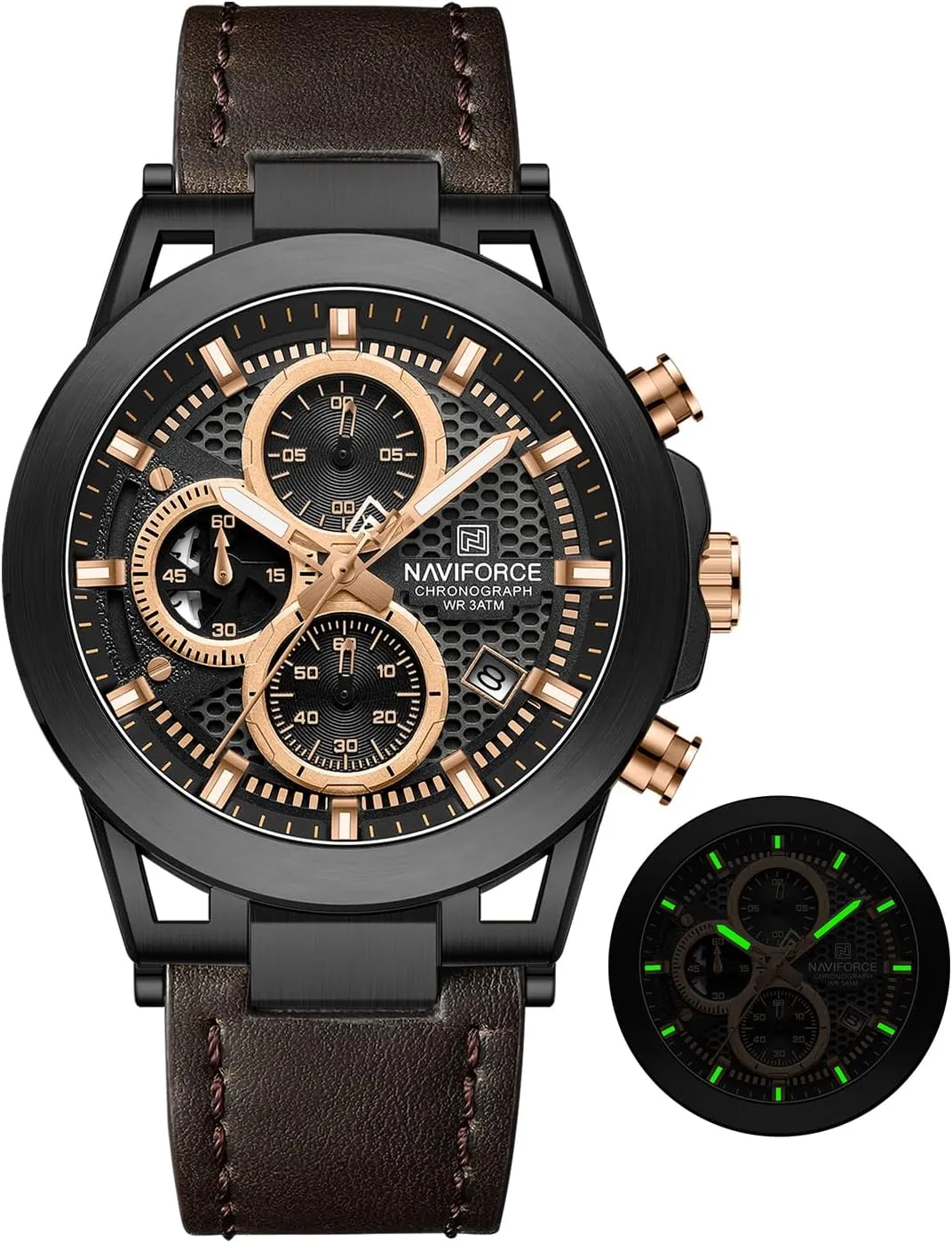 NAVIFORCE Men Sport Chronograph Watches,with Calendar Quartz Mens Waterproof Wrist Watches, Genuine Leather Strap,Gifts for Man