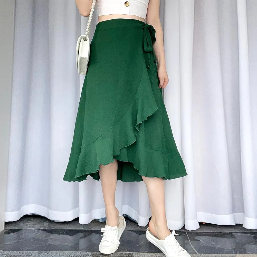 ODIZLI Women's Wrap Skirt High Waist Irregular High-Low Hemline Tie Waist Ruffle A-line Midi Skirt