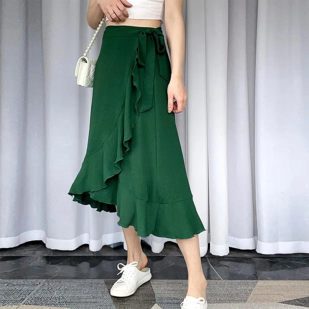 ODIZLI Women's Wrap Skirt High Waist Irregular High-Low Hemline Tie Waist Ruffle A-line Midi Skirt