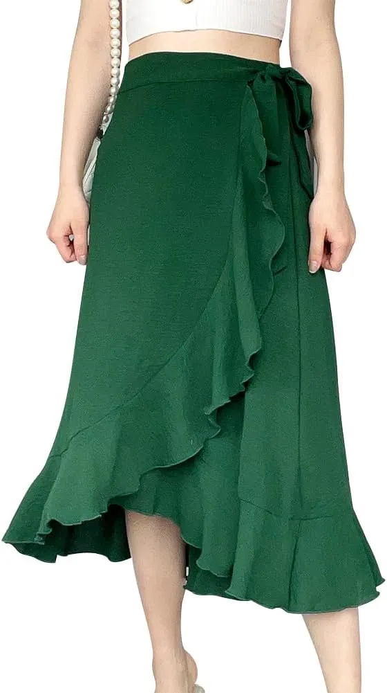 ODIZLI Women's Wrap Skirt High Waist Irregular High-Low Hemline Tie Waist Ruffle A-line Midi Skirt