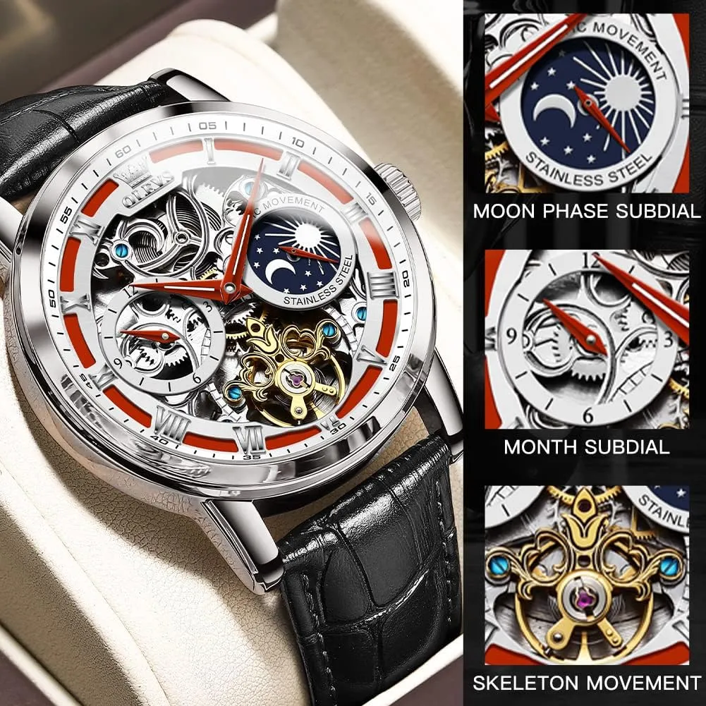 OLEVS Skeleton Watches for Mens Automatic Mechanical Self Winding Tourbillon Leather Strap Luxury Dress Moon Phase Wrist Watches Waterproof Luminous
