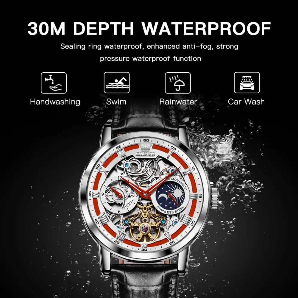 OLEVS Skeleton Watches for Mens Automatic Mechanical Self Winding Tourbillon Leather Strap Luxury Dress Moon Phase Wrist Watches Waterproof Luminous