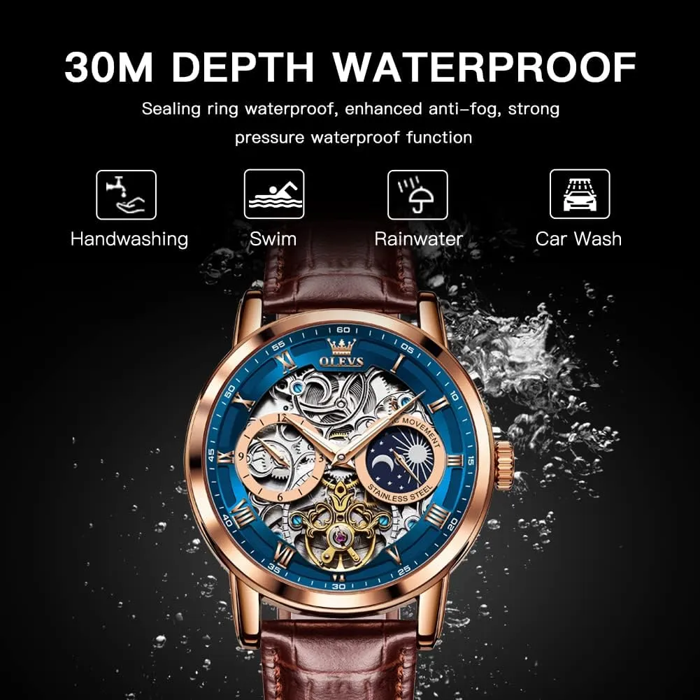 OLEVS Skeleton Watches for Mens Automatic Mechanical Self Winding Tourbillon Leather Strap Luxury Dress Moon Phase Wrist Watches Waterproof Luminous