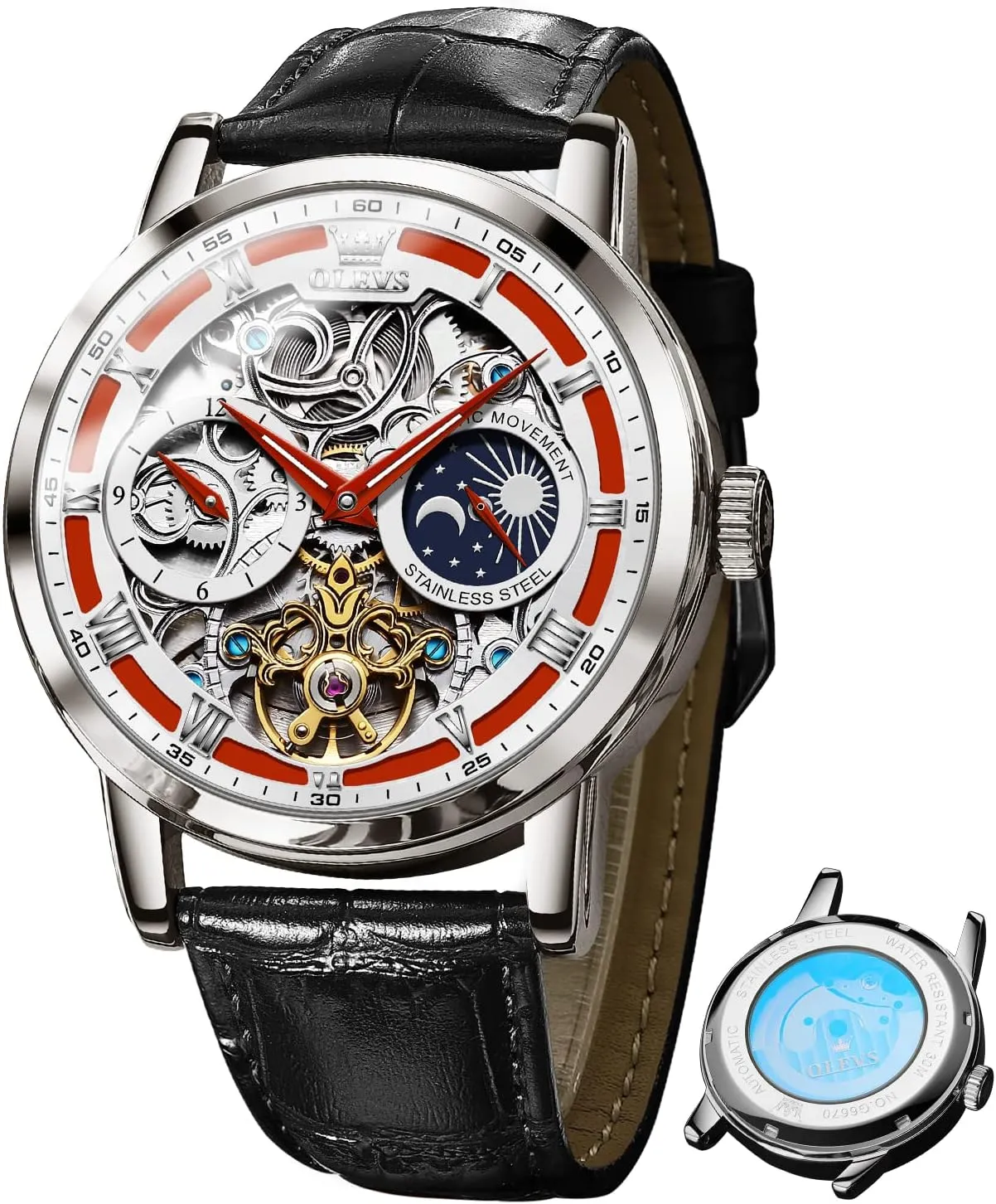 OLEVS Skeleton Watches for Mens Automatic Mechanical Self Winding Tourbillon Leather Strap Luxury Dress Moon Phase Wrist Watches Waterproof Luminous