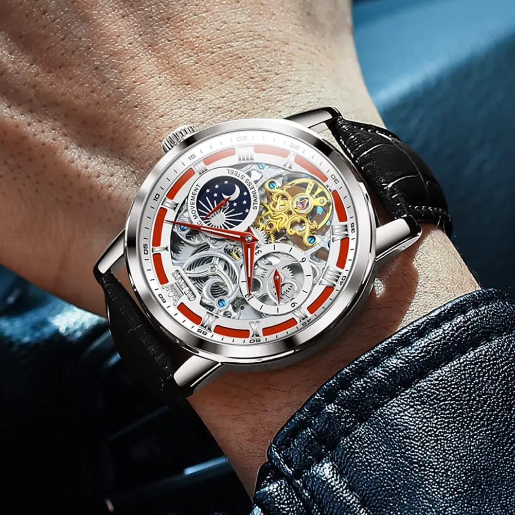 OLEVS Skeleton Watches for Mens Automatic Mechanical Self Winding Tourbillon Leather Strap Luxury Dress Moon Phase Wrist Watches Waterproof Luminous