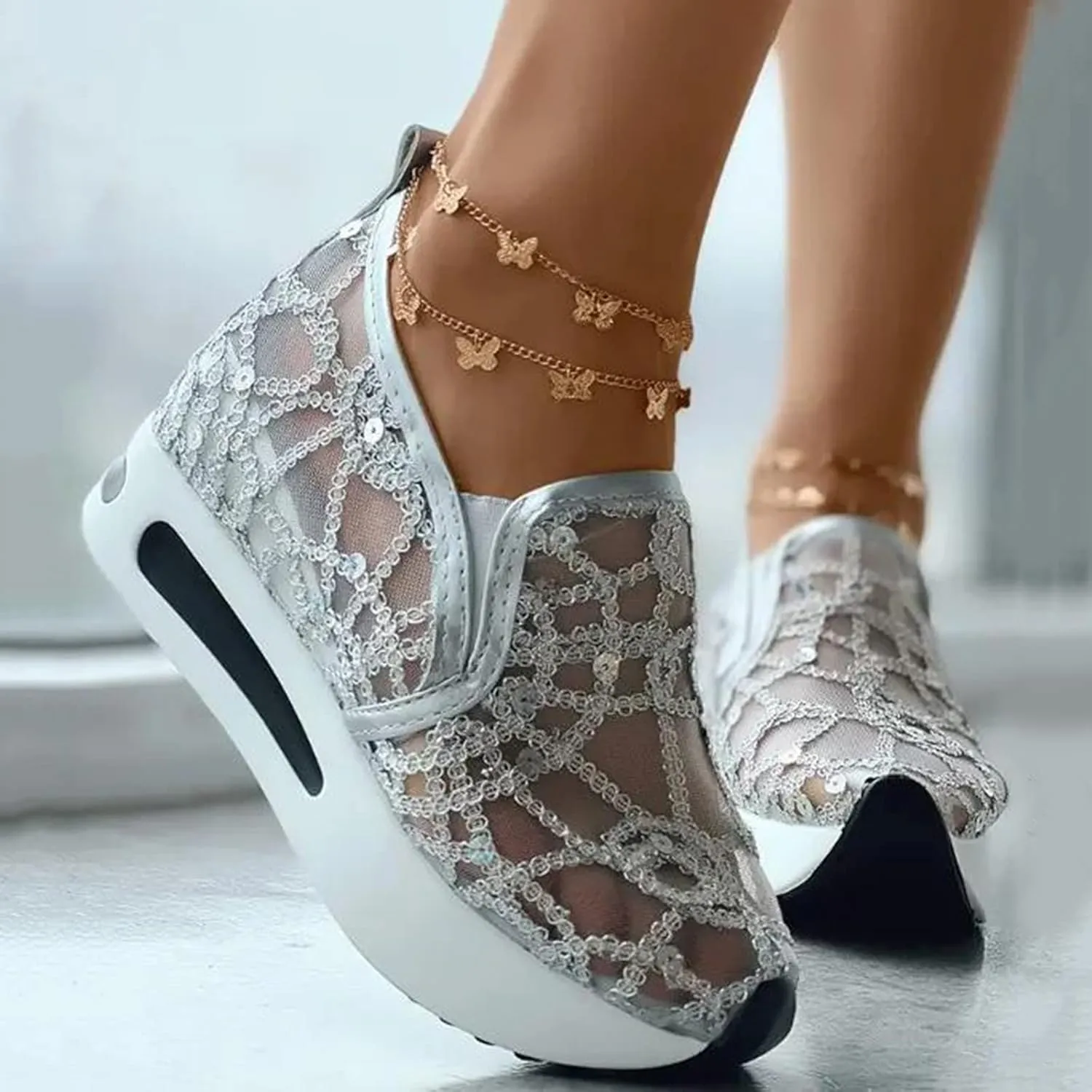 Orthopedic Shoes for Women Wide Width Breathable Mesh Platform Wedge Comfy Flower Embroidered Mesh Air Casual Sneakers