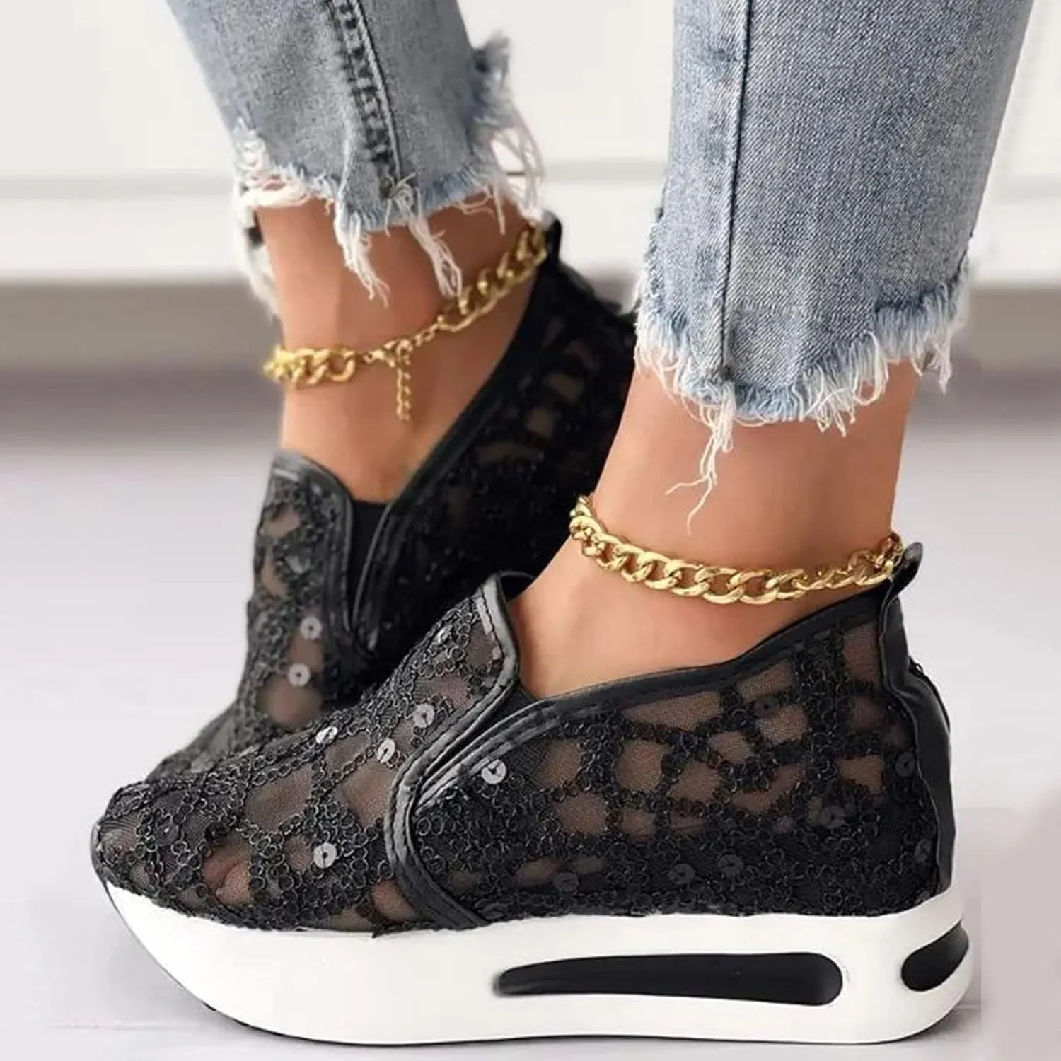Orthopedic Shoes for Women Wide Width Breathable Mesh Platform Wedge Comfy Flower Embroidered Mesh Air Casual Sneakers