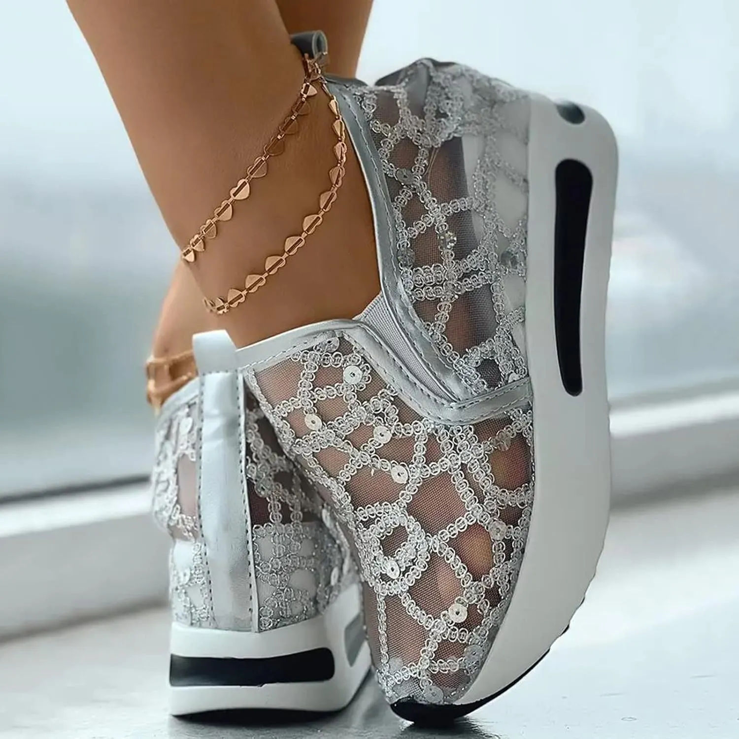 Orthopedic Shoes for Women Wide Width Breathable Mesh Platform Wedge Comfy Flower Embroidered Mesh Air Casual Sneakers
