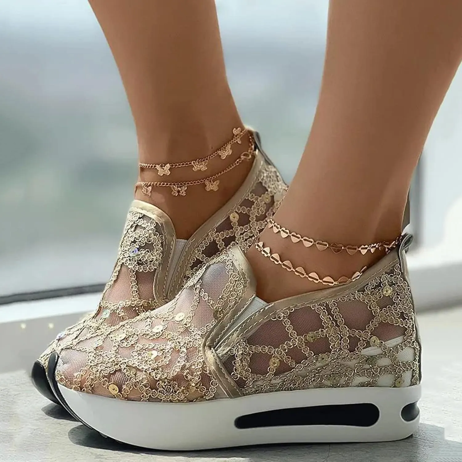 Orthopedic Shoes for Women Wide Width Breathable Mesh Platform Wedge Comfy Flower Embroidered Mesh Air Casual Sneakers