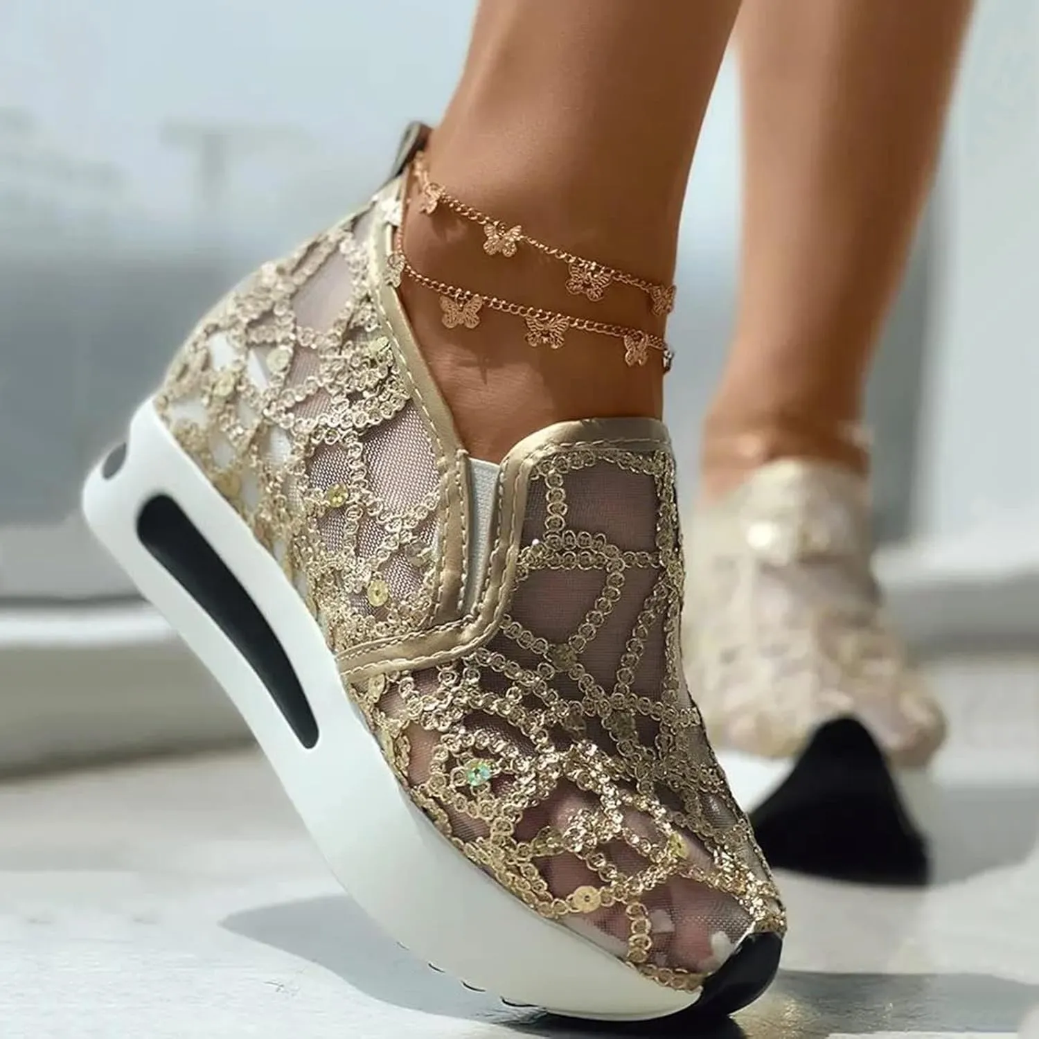 Orthopedic Shoes for Women Wide Width Breathable Mesh Platform Wedge Comfy Flower Embroidered Mesh Air Casual Sneakers