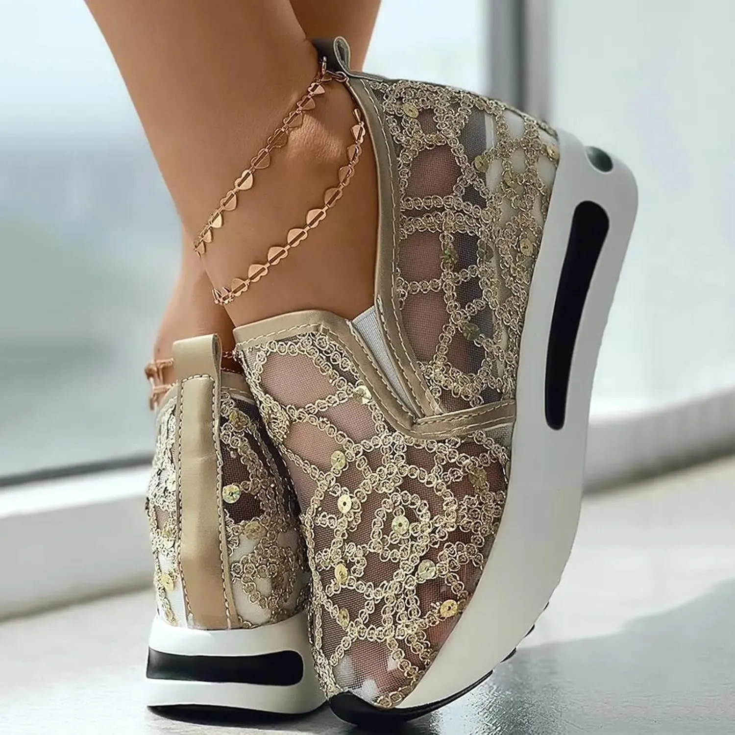 Orthopedic Shoes for Women Wide Width Breathable Mesh Platform Wedge Comfy Flower Embroidered Mesh Air Casual Sneakers