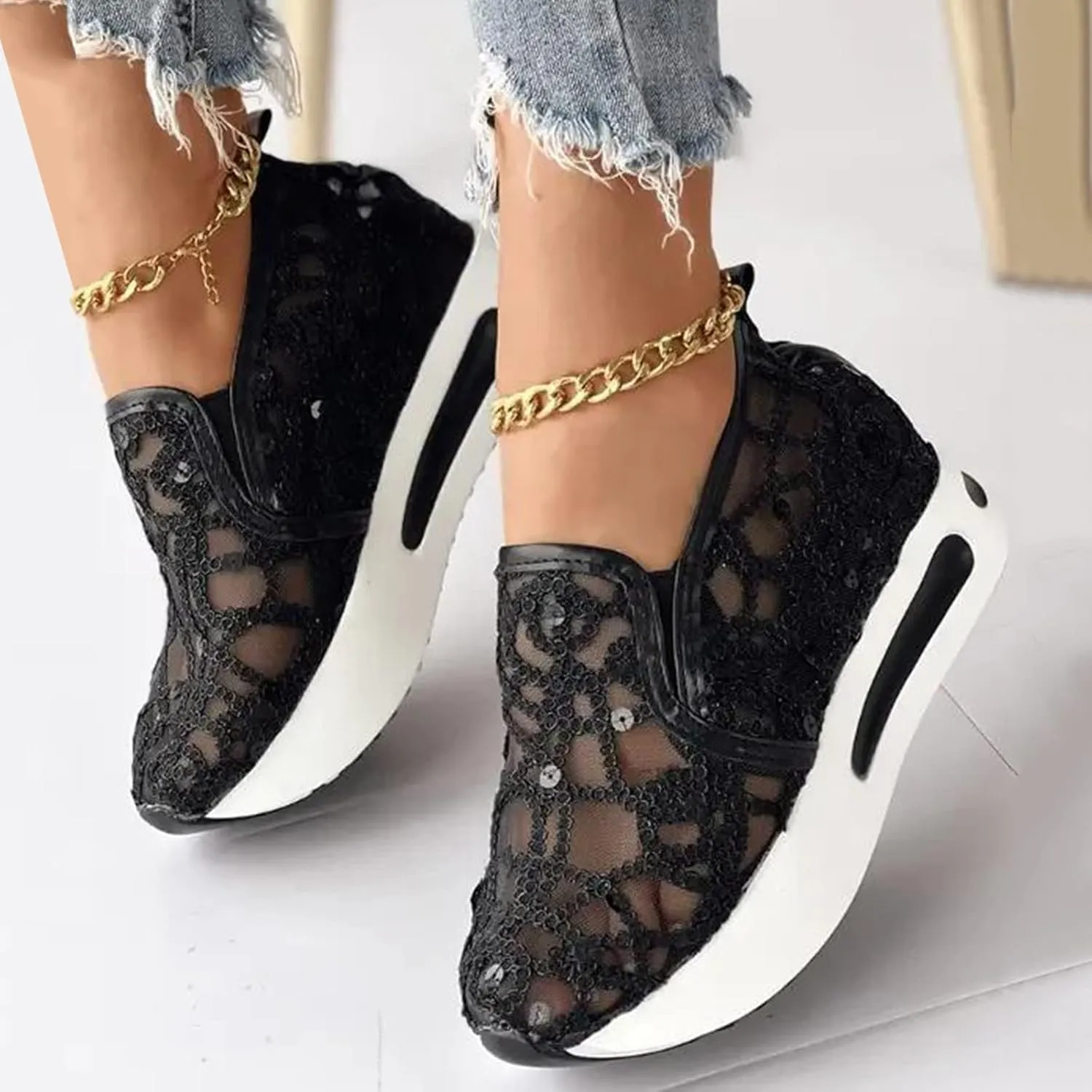 Orthopedic Shoes for Women Wide Width Breathable Mesh Platform Wedge Comfy Flower Embroidered Mesh Air Casual Sneakers