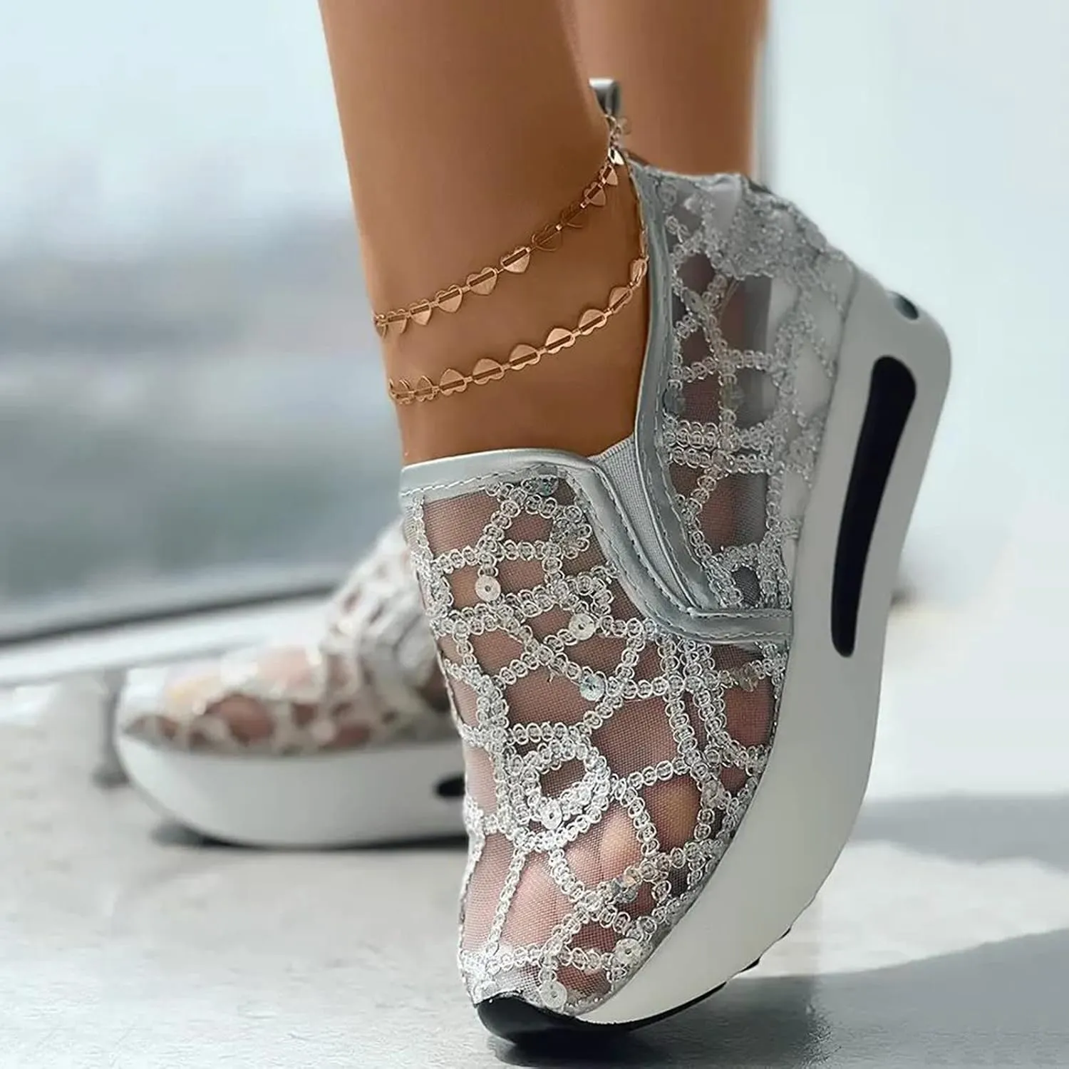 Orthopedic Shoes for Women Wide Width Breathable Mesh Platform Wedge Comfy Flower Embroidered Mesh Air Casual Sneakers