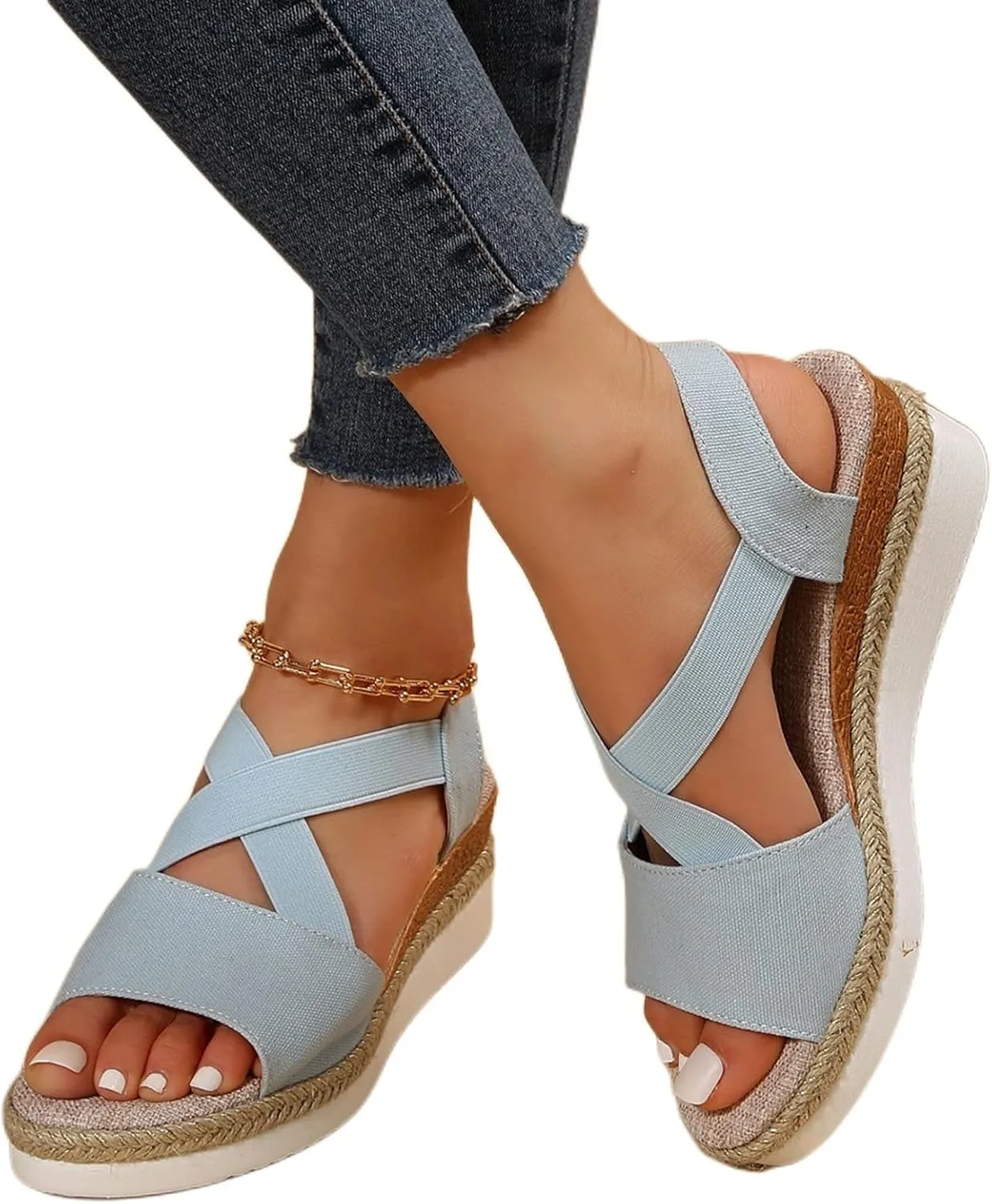 Orthopedic Wedge Sandals for Women Summer Dressy Flat Open Toe Ankle Strap Sandals Platform Espadrilles Casual Strappy Slip on Sandals Beach Non Slip Sandals Comfortable Outdoor Shoes