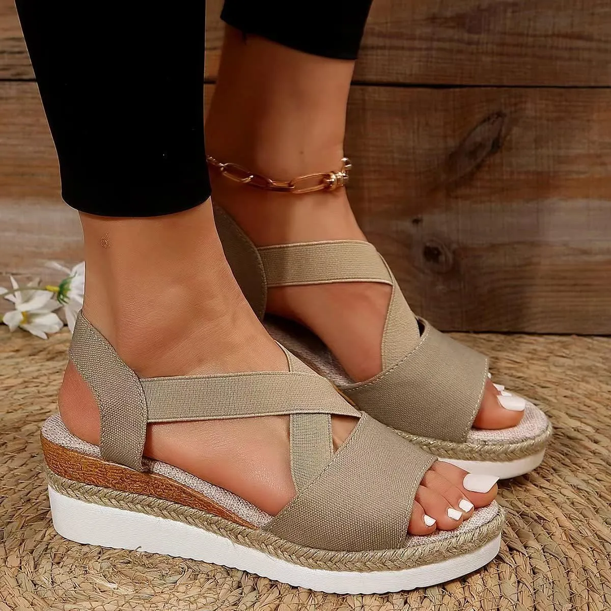 Orthopedic Wedge Sandals for Women Summer Dressy Flat Open Toe Ankle Strap Sandals Platform Espadrilles Casual Strappy Slip on Sandals Beach Non Slip Sandals Comfortable Outdoor Shoes