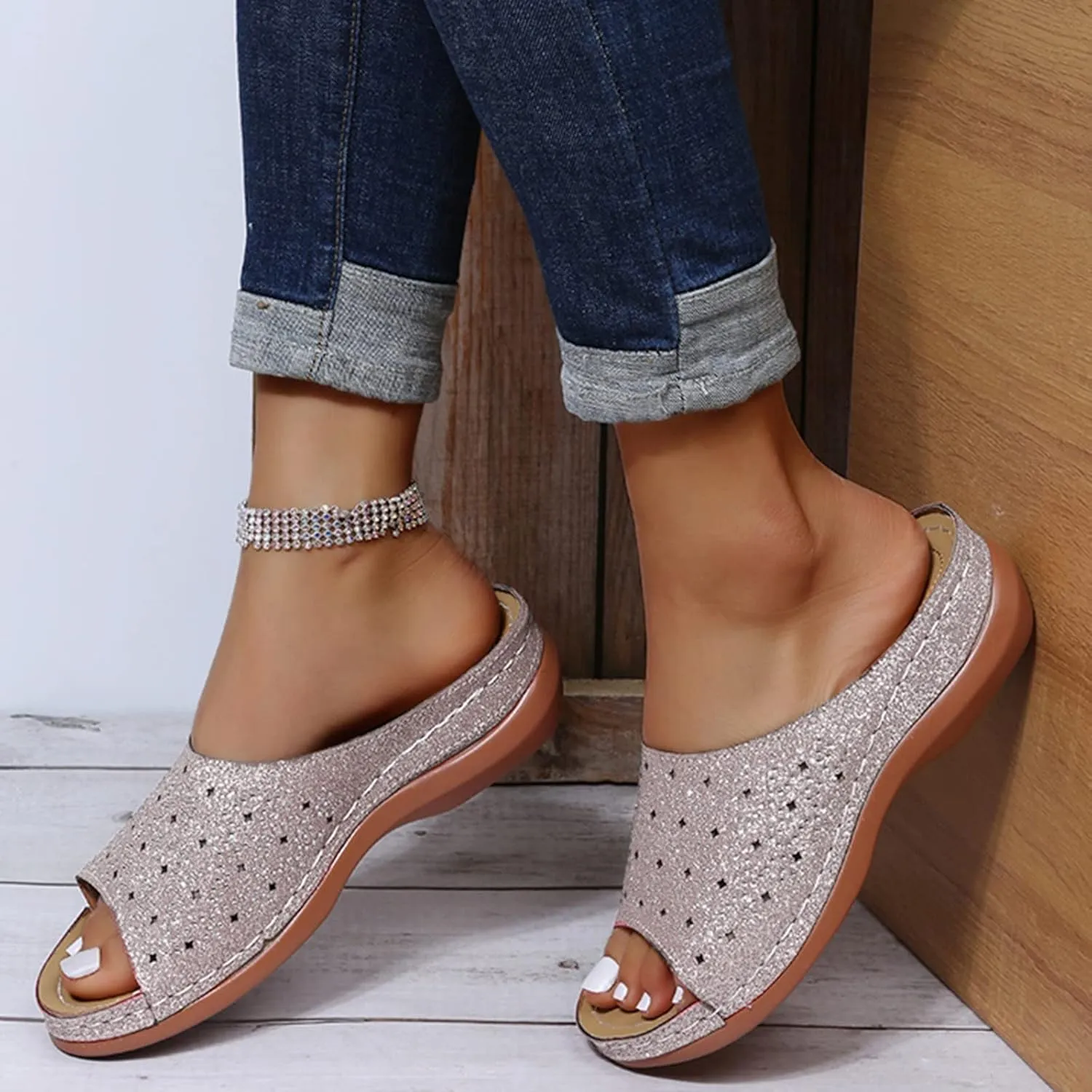 Orthotic Slippers with Arch Support Orthotic Wide Foot Sandals for Women Slide On Sandals for Women Dressy Orthotic Ladies Dress Sandals Low Heel Orthopedic Summer Sandals for Women 2025
