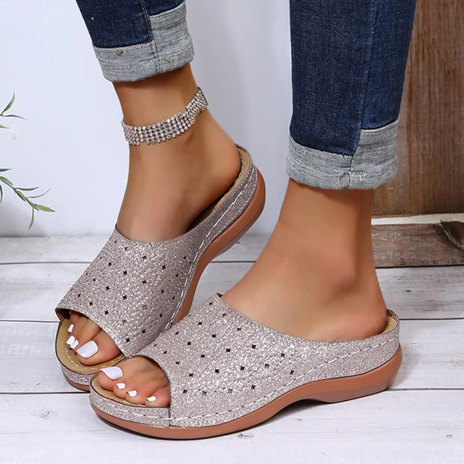 Orthotic Slippers with Arch Support Orthotic Wide Foot Sandals for Women Slide On Sandals for Women Dressy Orthotic Ladies Dress Sandals Low Heel Orthopedic Summer Sandals for Women 2025