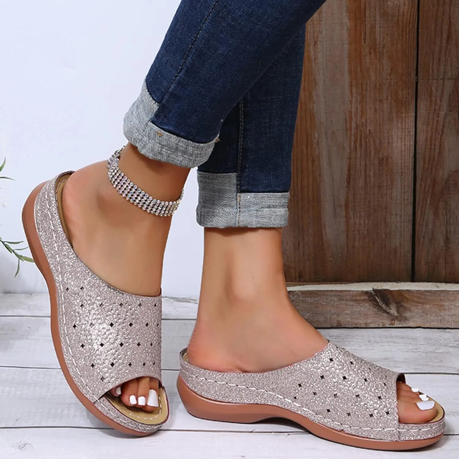 Orthotic Slippers with Arch Support Orthotic Wide Foot Sandals for Women Slide On Sandals for Women Dressy Orthotic Ladies Dress Sandals Low Heel Orthopedic Summer Sandals for Women 2025