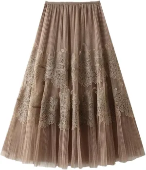 Patchwork Lace Tulle Long Skirt Women Spring Summer Elegant Solid A Line High Waist Pleated Midi Mesh Skirt
