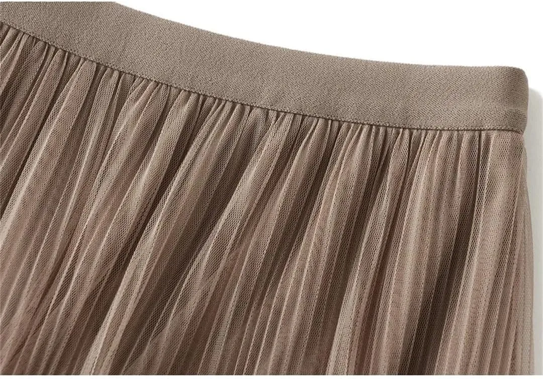 Patchwork Lace Tulle Long Skirt Women Spring Summer Elegant Solid A Line High Waist Pleated Midi Mesh Skirt