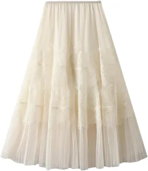 Patchwork Lace Tulle Long Skirt Women Spring Summer Elegant Solid A Line High Waist Pleated Midi Mesh Skirt
