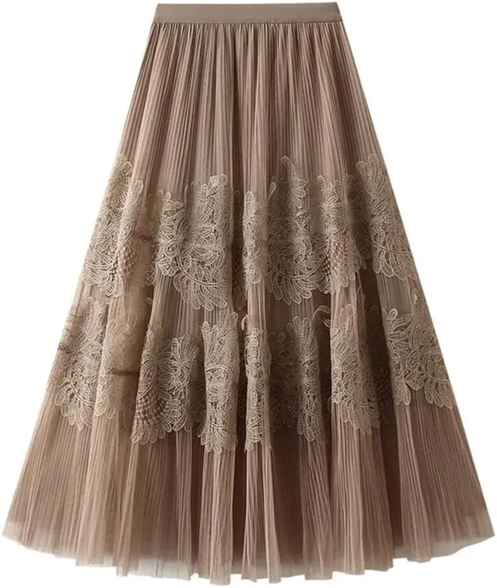 Patchwork Lace Tulle Long Skirt Women Spring Summer Elegant Solid A Line High Waist Pleated Midi Mesh Skirt