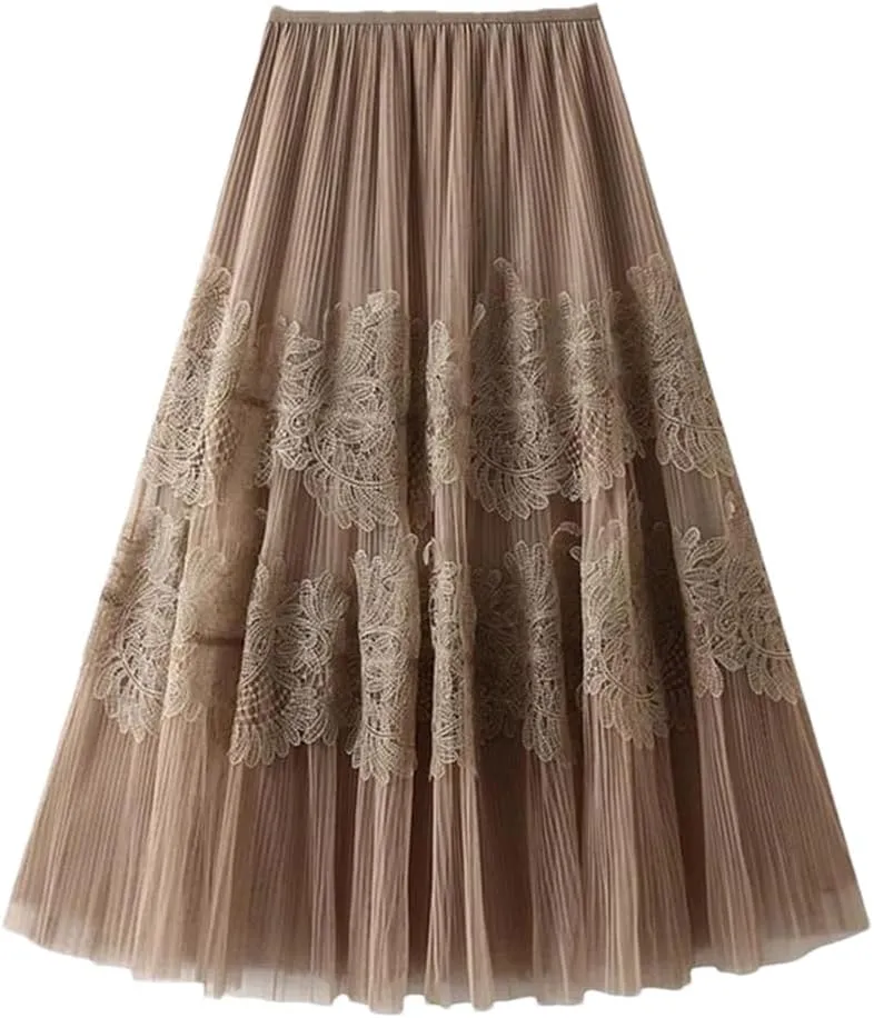 Patchwork Lace Tulle Long Skirt Women Spring Summer Elegant Solid A Line High Waist Pleated Midi Mesh Skirt