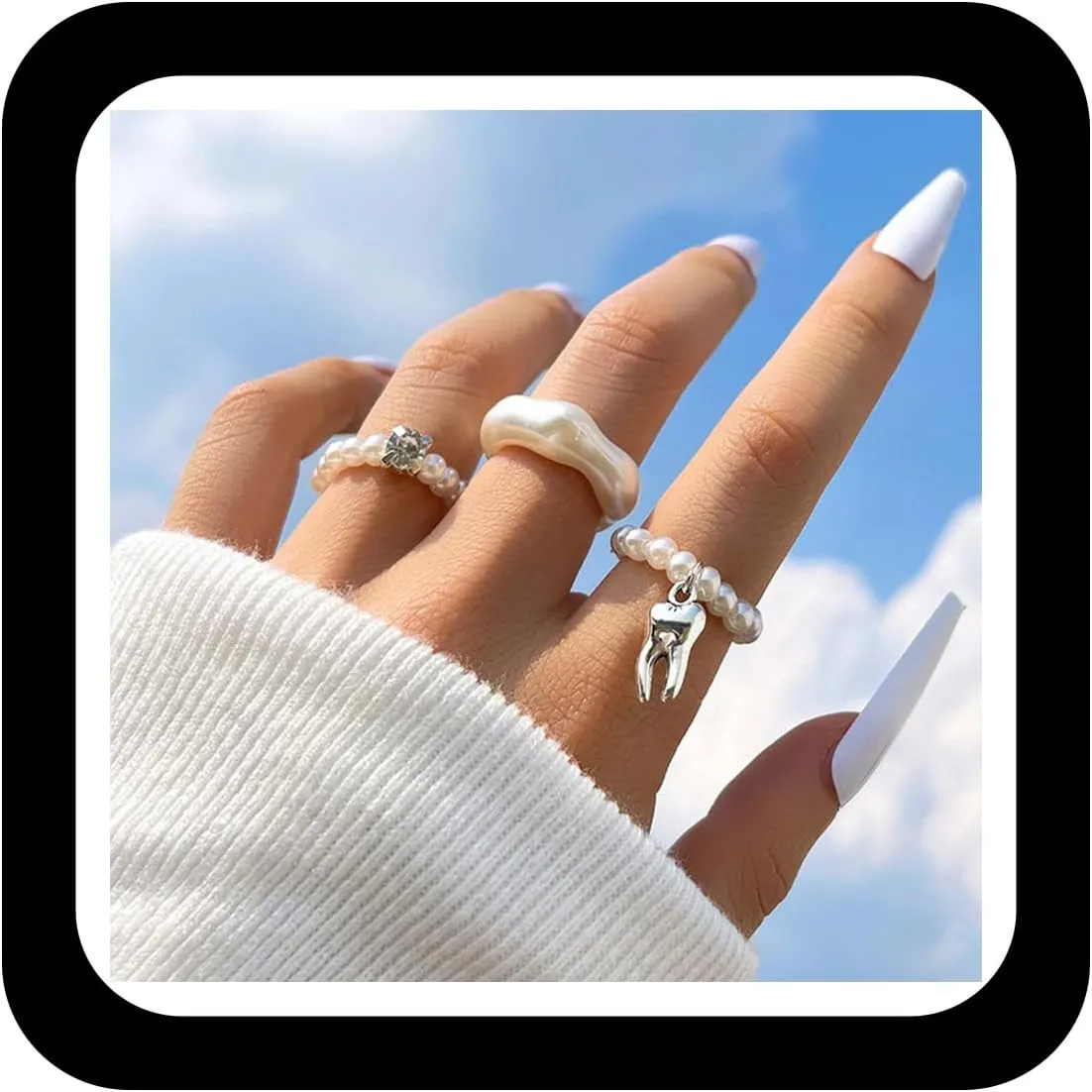 Pearl Beaded Rings Chunky Resin Ring Stackable Acrylic Beads Elastic Rings Handmade White Round Pearl Wrap Ring Set Dainty Tooth Rhinestone Knuckle Ring Set for Women