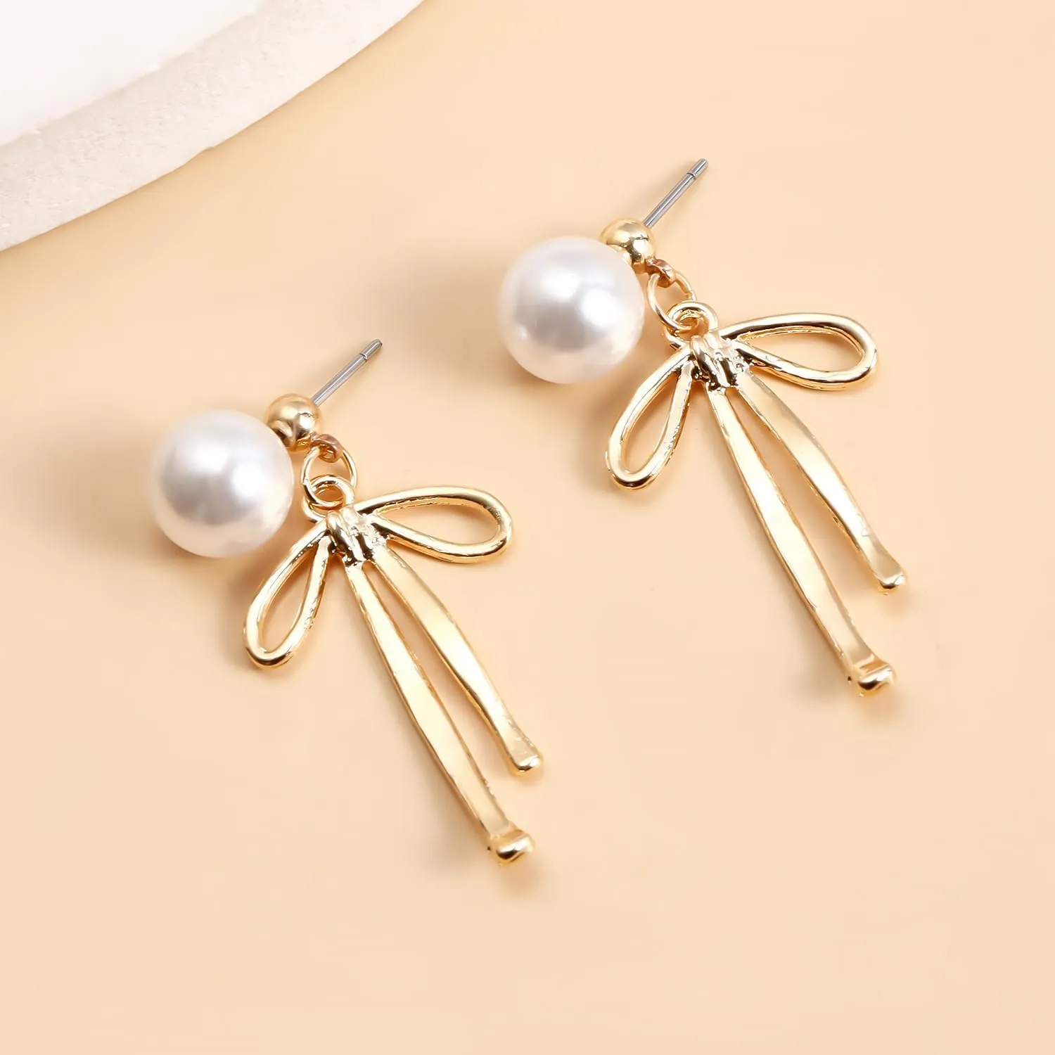 Pearl Bow Earrings for Women 14K Gold Pearl Dangle Drop Earrings Silver Bow Statement Dangle Earrings Wedding Jewelry Birthday Gifts for Women