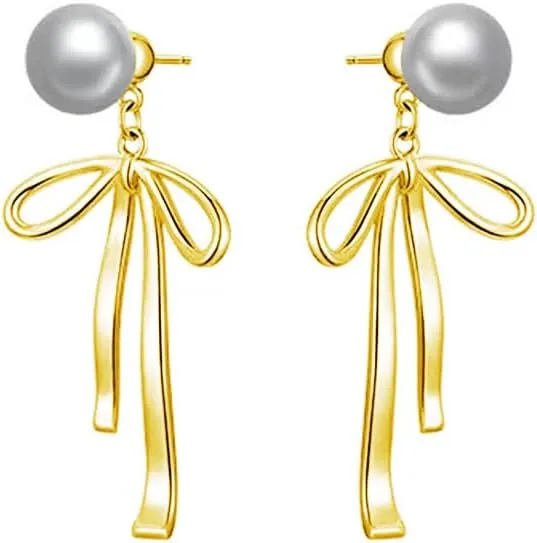 Pearl Bow Earrings for Women 14K Gold Pearl Dangle Drop Earrings Silver Bow Statement Dangle Earrings Wedding Jewelry Birthday Gifts for Women