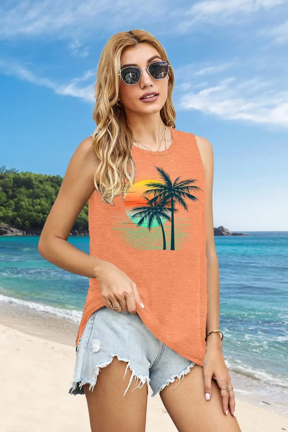 PECHAR Hawaiian Shirts for Women Palm Trees Beach Tank Tops Sunset Graphic Tees Summer Vacation Sleeveless Outfits