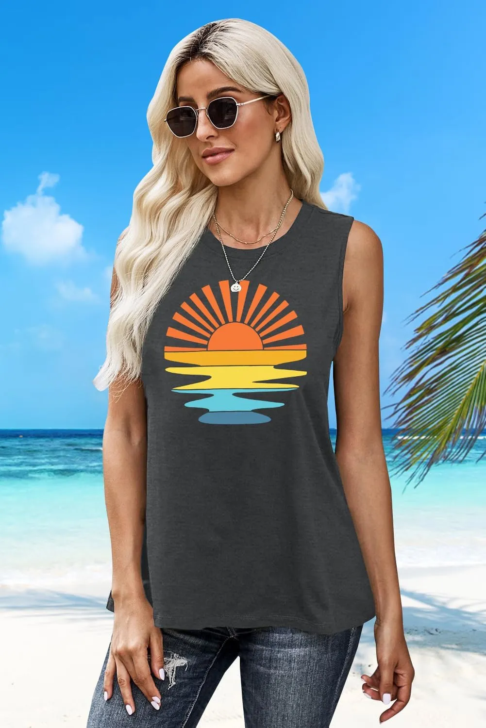 PECHAR Hawaiian Shirts for Women Palm Trees Beach Tank Tops Sunset Graphic Tees Summer Vacation Sleeveless Outfits