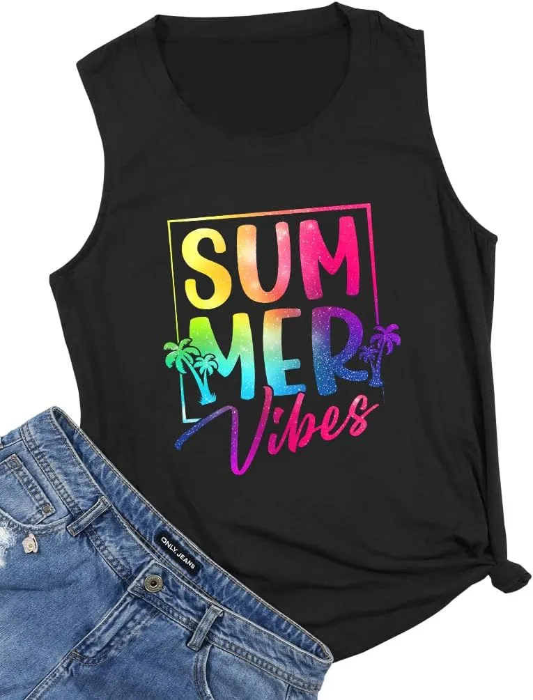 PECHAR Hawaiian Shirts for Women Palm Trees Beach Tank Tops Sunset Graphic Tees Summer Vacation Sleeveless Outfits