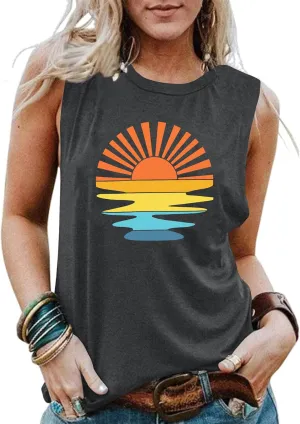 PECHAR Hawaiian Shirts for Women Palm Trees Beach Tank Tops Sunset Graphic Tees Summer Vacation Sleeveless Outfits