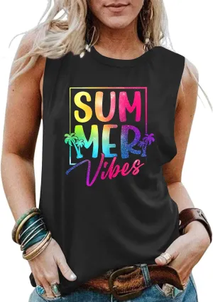 PECHAR Hawaiian Shirts for Women Palm Trees Beach Tank Tops Sunset Graphic Tees Summer Vacation Sleeveless Outfits