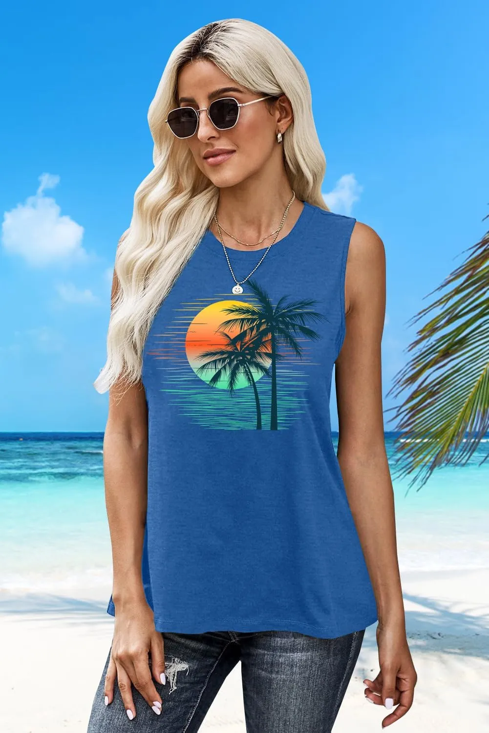 PECHAR Hawaiian Shirts for Women Palm Trees Beach Tank Tops Sunset Graphic Tees Summer Vacation Sleeveless Outfits
