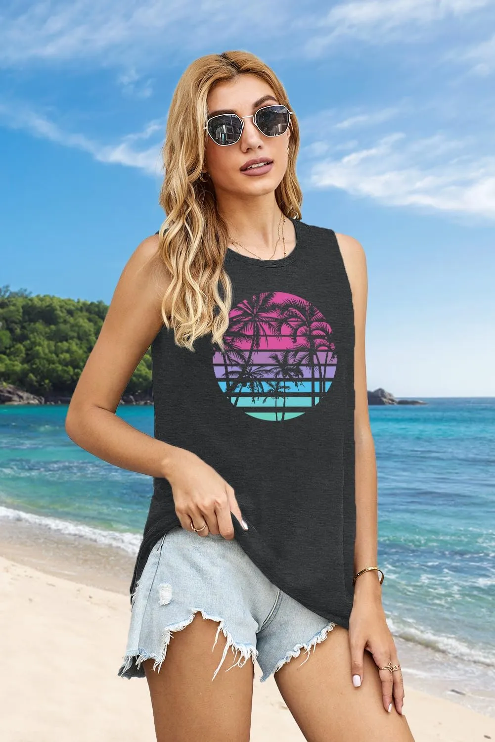 PECHAR Hawaiian Shirts for Women Palm Trees Beach Tank Tops Sunset Graphic Tees Summer Vacation Sleeveless Outfits