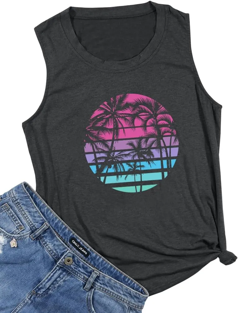 PECHAR Hawaiian Shirts for Women Palm Trees Beach Tank Tops Sunset Graphic Tees Summer Vacation Sleeveless Outfits