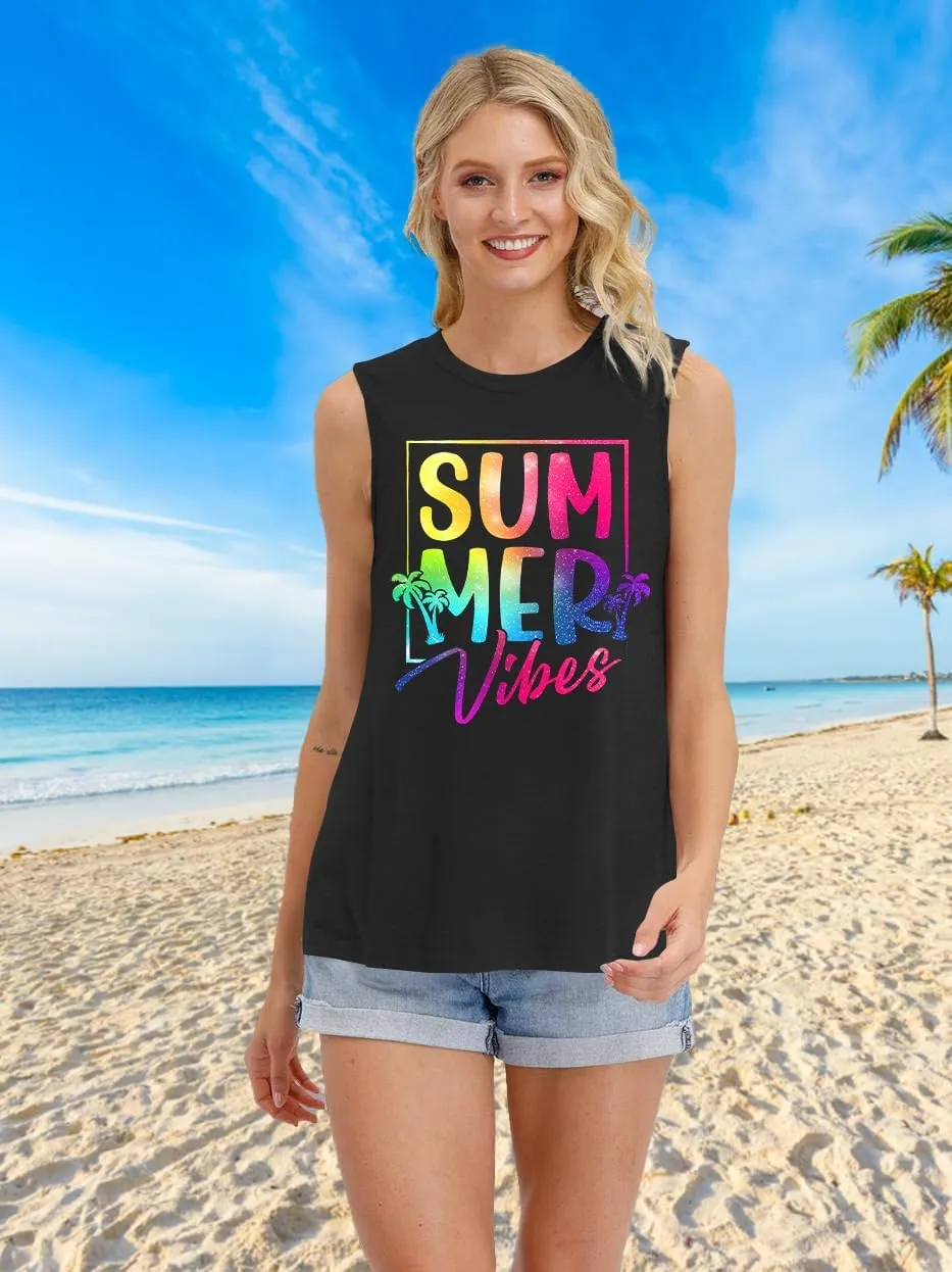 PECHAR Hawaiian Shirts for Women Palm Trees Beach Tank Tops Sunset Graphic Tees Summer Vacation Sleeveless Outfits