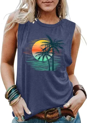 PECHAR Hawaiian Shirts for Women Palm Trees Beach Tank Tops Sunset Graphic Tees Summer Vacation Sleeveless Outfits