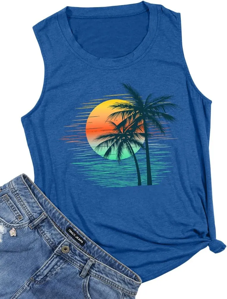 PECHAR Hawaiian Shirts for Women Palm Trees Beach Tank Tops Sunset Graphic Tees Summer Vacation Sleeveless Outfits