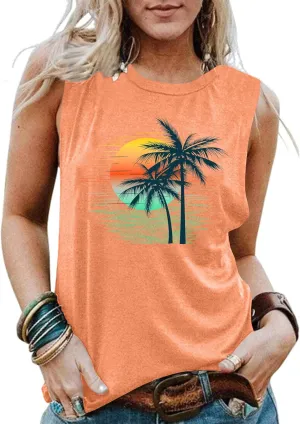 PECHAR Hawaiian Shirts for Women Palm Trees Beach Tank Tops Sunset Graphic Tees Summer Vacation Sleeveless Outfits