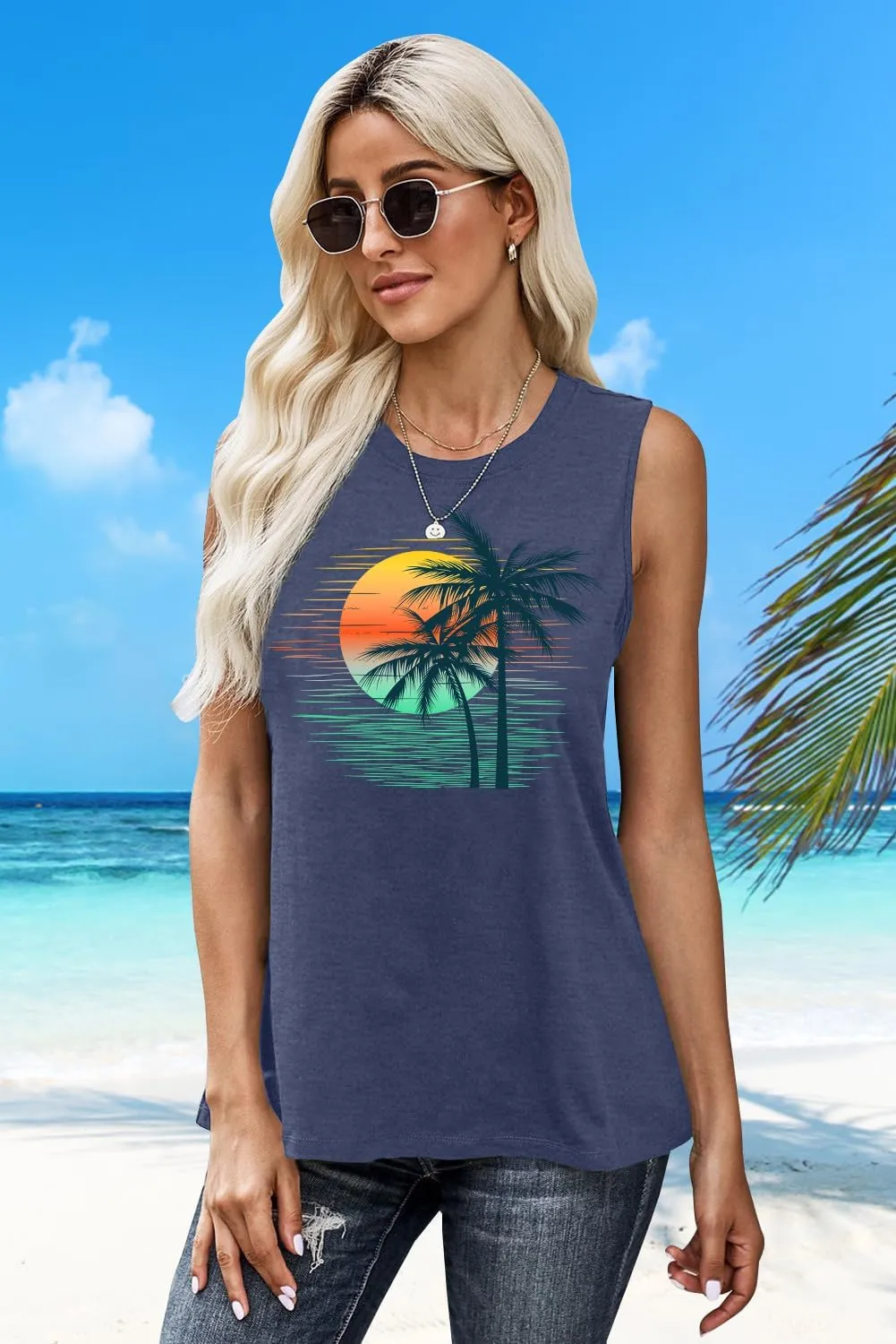 PECHAR Hawaiian Shirts for Women Palm Trees Beach Tank Tops Sunset Graphic Tees Summer Vacation Sleeveless Outfits