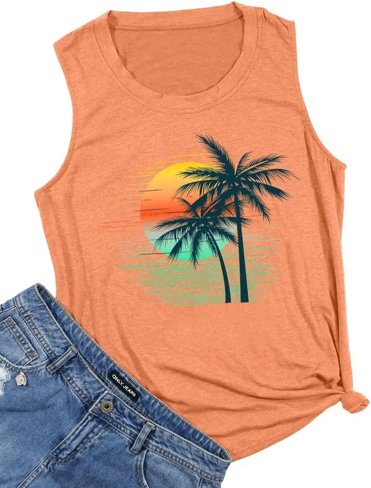 PECHAR Hawaiian Shirts for Women Palm Trees Beach Tank Tops Sunset Graphic Tees Summer Vacation Sleeveless Outfits