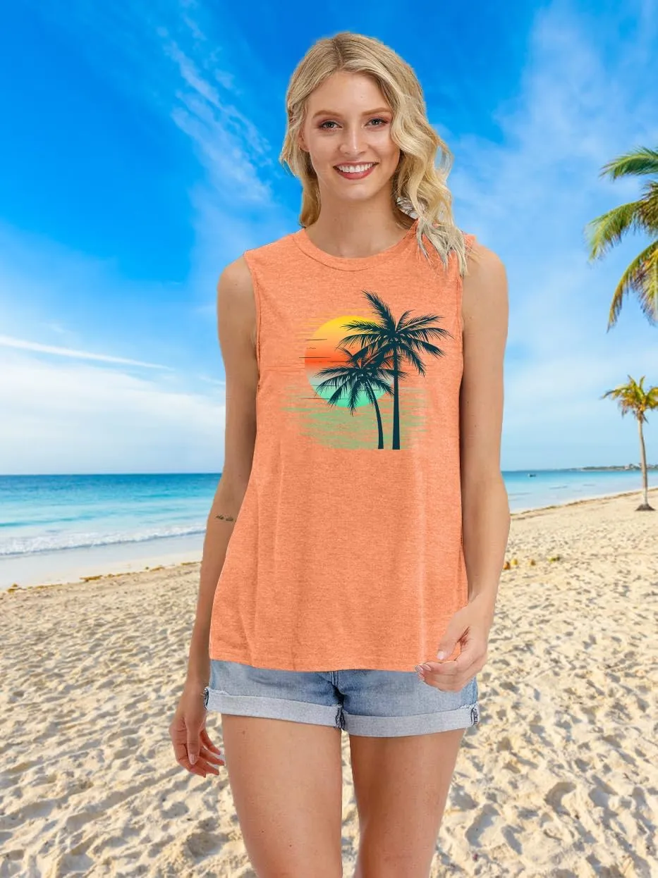PECHAR Hawaiian Shirts for Women Palm Trees Beach Tank Tops Sunset Graphic Tees Summer Vacation Sleeveless Outfits