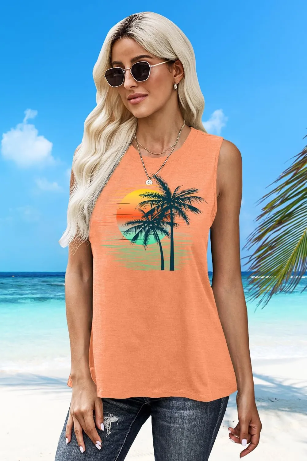 PECHAR Hawaiian Shirts for Women Palm Trees Beach Tank Tops Sunset Graphic Tees Summer Vacation Sleeveless Outfits