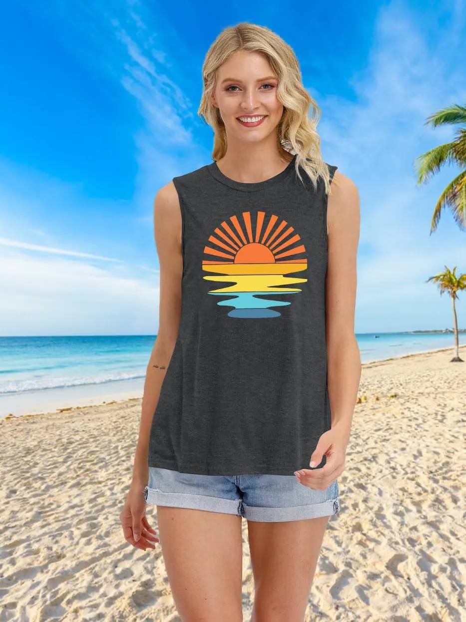 PECHAR Hawaiian Shirts for Women Palm Trees Beach Tank Tops Sunset Graphic Tees Summer Vacation Sleeveless Outfits