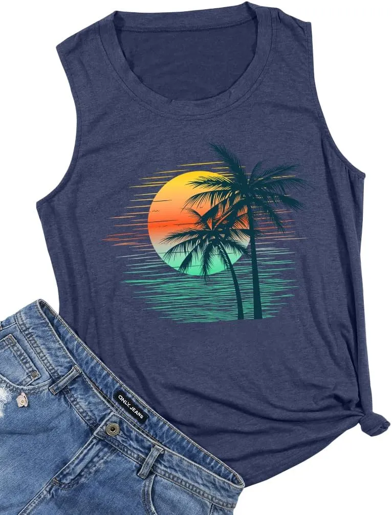 PECHAR Hawaiian Shirts for Women Palm Trees Beach Tank Tops Sunset Graphic Tees Summer Vacation Sleeveless Outfits